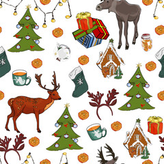 Vector seamless new year pattern on a colored background. Champagne, winter gloves, New Year's toys, ears, gift, New Year's bell for printing, stickers, logo, blank for designers