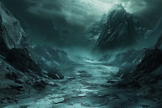 Mysterious valley between dark mountains under an ominous sky