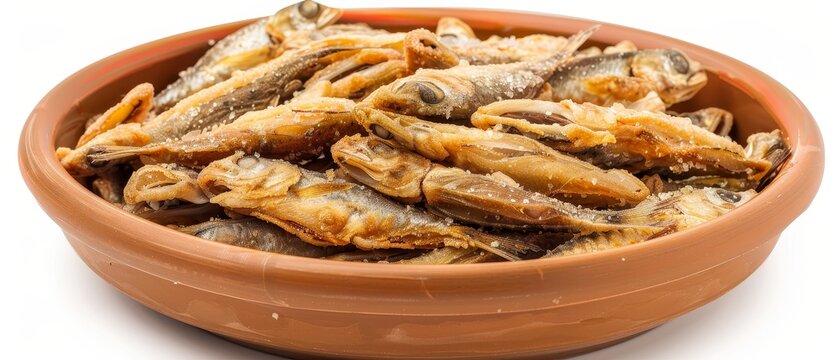Salted crispy deep fried ricefish or tiny anchovies in ceramic dish on white background
