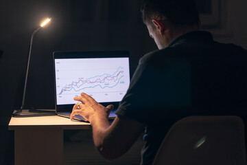 Man trading, browsing online stock investments at night.