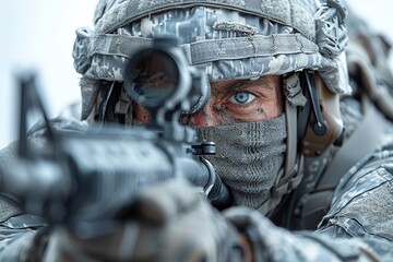 Contemporary special forces troop holding rifle against white background   army and military concept