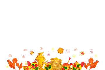 Composition, banner for text. Hand drawn watercolor illustration. Maslenitsa holiday, Shrovetide, carnival, Maslenitsa, Mardi Gras, Shrove Tuesday, pancake week, Pancake Day
