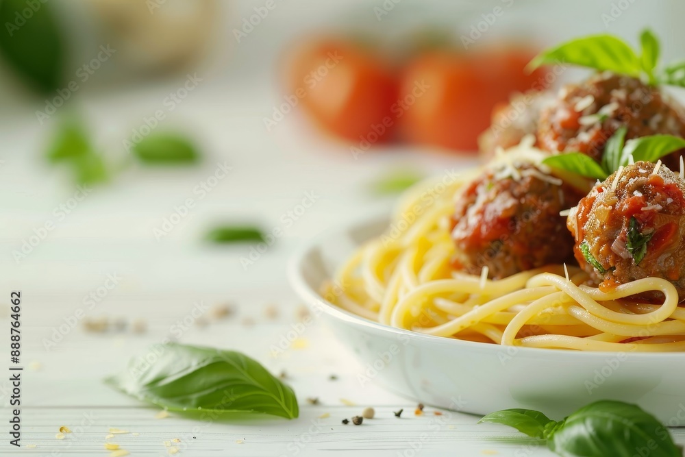 Sticker Side view of spaghetti pasta and meatballs on a separate background