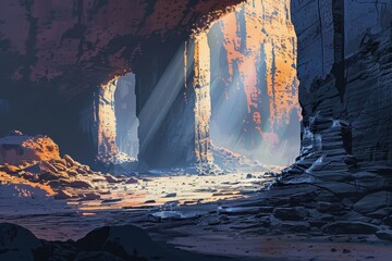 Mysterious alien landscape with rock formations and glowing light