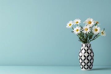 Minimalist vase with daisies against a blue background. Fresh flowers in modern, patterned decor. Perfect for home or office interiors.