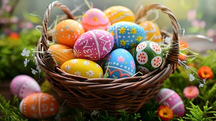 Fototapeta premium Colorful Easter Eggs: Basket filled with brightly colored and decorated Easter eggs. 