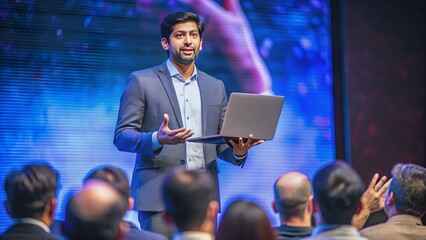 Business Conference Stage: Indian Tech Startup CEO Presents Firm's Newest Product, He's Holding Laptop and Does Motivational Talk about Science, Technology, Software Development and Leadership