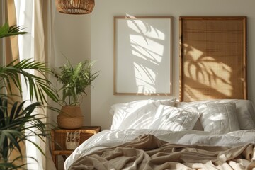 Empty picture frame on a nightstand with a cozy bedroom scene