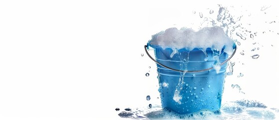 Soapy water bucket on white background with space for text
