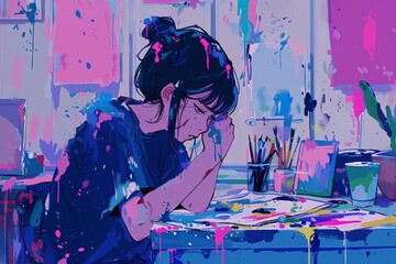 A person frowns at their messy art project, paint splattered everywhere, cozy vibe, Generative AI