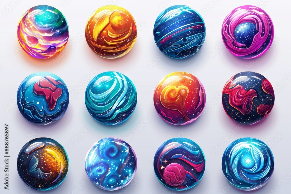 Poster colorful collection of small planets with intricate designs vibrant and imaginative composition mode