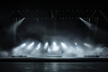 Specific view of stage white lights smokey public music event black background
