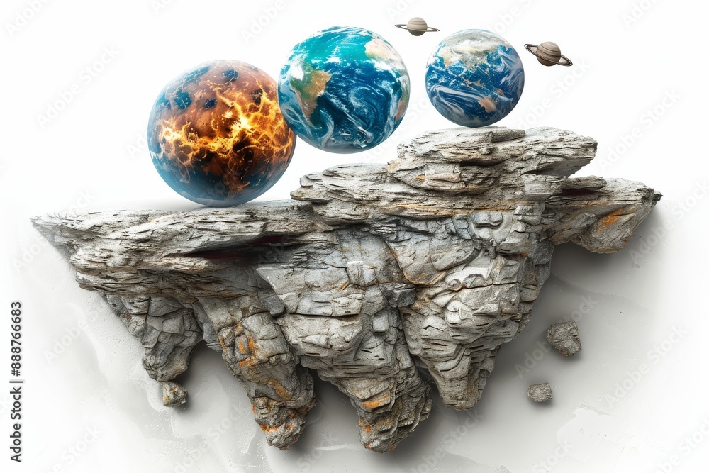 Poster fantasy scene with small planets on a rocky surface dynamic and imaginative design modern and striki