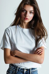 Fototapeta premium White tshirt mockup on woman model created with Generative AI