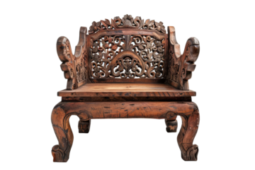 An antique wooden armchair with brown upholstery isolated on a white background