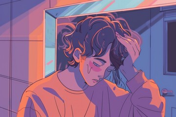 A person sits with a grumpy expression, arms crossed and cheeks puffed, cozy vibe, Generative AI 