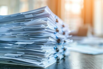 Stack of business documents on office table annual report papers Business analytics concept blurred background High quality image