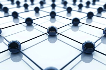 Abstract image of a network with interconnected black spheres on a reflective surface, symbolizing technology, connectivity, and data relations.