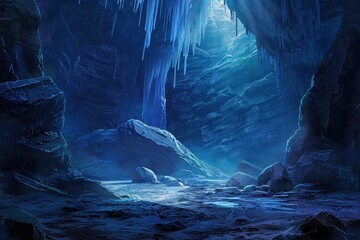 Mysterious Glowing Blue Ice Cave With Rocky Floor And Icicles