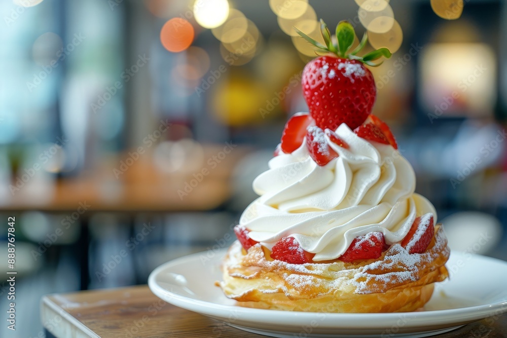 Poster Strawberry and cream on a croffle a croissant waffle fusion Visiting cafes Blurred visuals