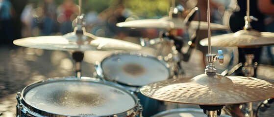 Obraz premium Street music festival with sunny day drum kit and hi hat cymbals captured in a selective focus close up shot