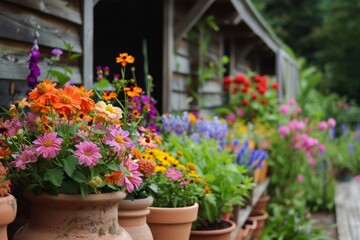 Summer flowers in pots and shed