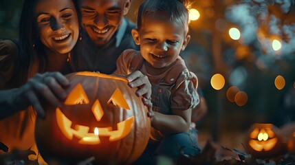 Pumpkin Carving: Family carving jack-o'-lanterns together in preparation for Halloween.
