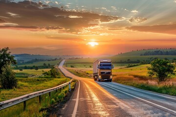 Sunset in a rural landscape with a truck approaching on an asphalt road