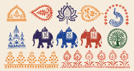 Boho Indian elephant vintage animal Pattern Traditional Elements Lotus Flower Peacock Bird