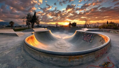 Sunset at a concrete skatepark in Barcelona Spain featuring tubes and jumps