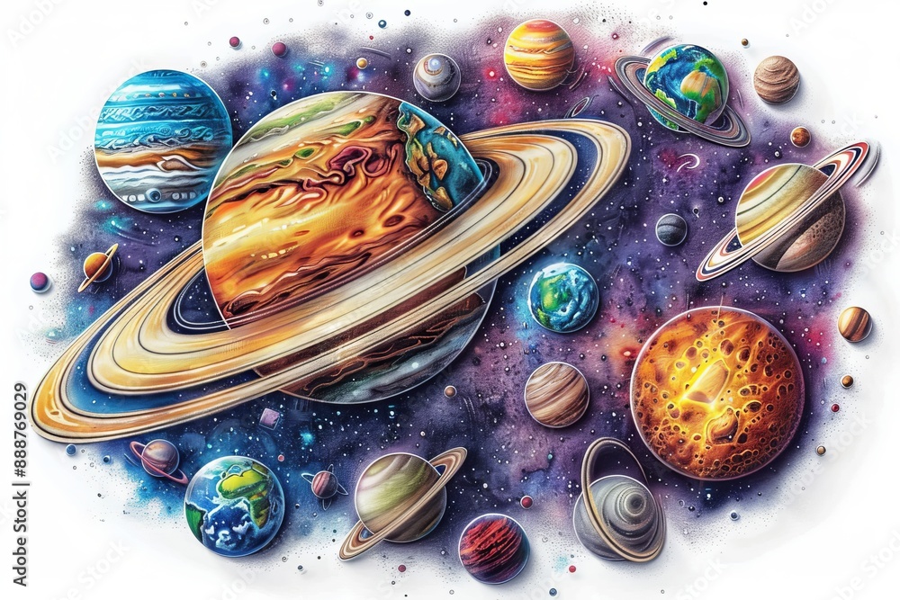 Poster artistic depiction of a cosmic scene with various planets dynamic and imaginative design modern and 