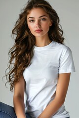 Fototapeta premium White tshirt mockup on woman model created with Generative AI