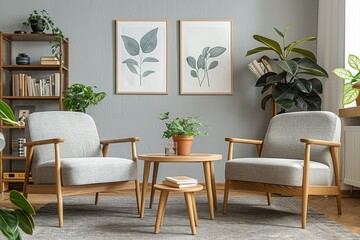 Professional photograph of a Scandinavian living room interior design with wooden furniture, light grey walls, minimalistic style, coffee table with plants, two armchairs, carpeted floor