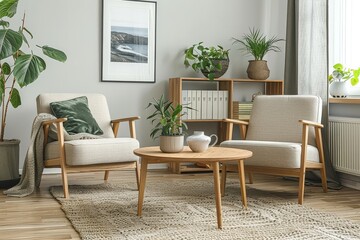 Professional photograph of a Scandinavian living room interior design with wooden furniture, light grey walls, minimalistic style, coffee table with plants, two armchairs, carpeted floor