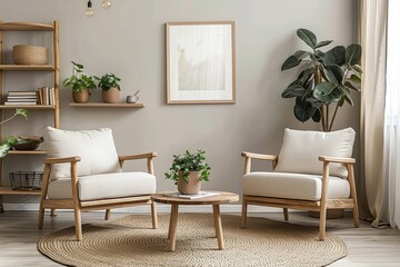 Professional photograph of a Scandinavian living room interior design with wooden furniture, light grey walls, minimalistic style, coffee table with plants, two armchairs, carpeted floor