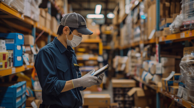 倉庫で働く日本の配達員