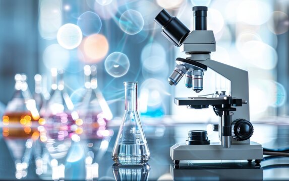 microscope with lab glassware, science laboratory research and development concept