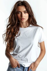 Fototapeta premium White tshirt mockup on woman model created with Generative AI