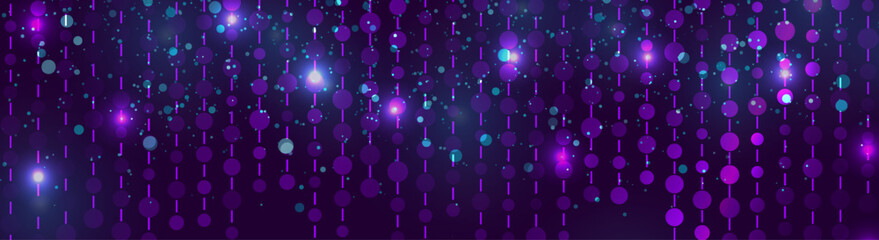 Glowing violet concept hanging dotted garland abstract background. New Year and Christmas vector graphic neon design