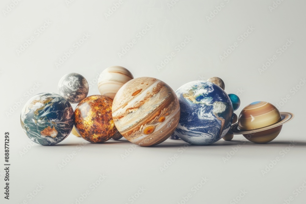 Poster colorful collection of small planets with detailed textures dynamic and imaginative design modern an