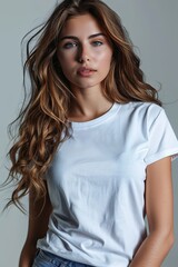 Fototapeta premium White tshirt mockup on woman model created with Generative AI