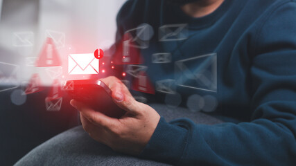 Email inbox alert and spam virus with warning, email security protection alert, new email notification and internet communication concept, email technology icon, junk mail compromised information