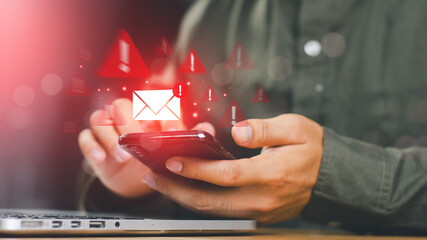 Email inbox alert and spam virus with warning, email security protection alert, new email...