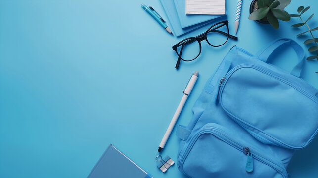 Colorful background with school supplies. Top view.