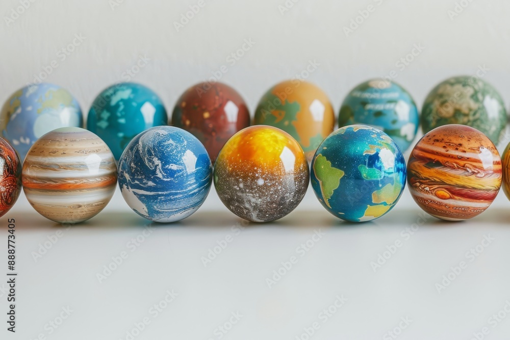 Poster collection of small planets with diverse designs arranged on a floating platform modern and dynamic 