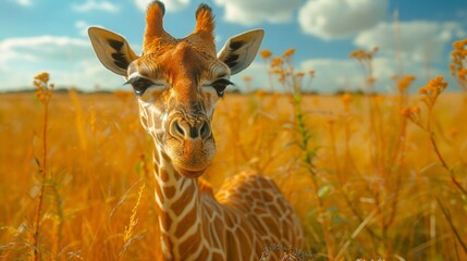 Close-up of giraffe in golden field - generative ai