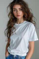 Fototapeta premium White tshirt mockup on woman model created with Generative AI