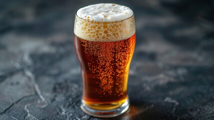 Close-up of a Refreshing Pint of Amber Beer with Foamy Head on a Dark Rustic Background