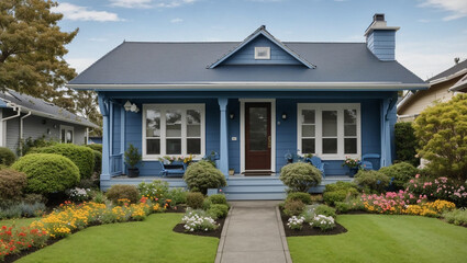  a small, blue house with a brown door, a lawn, and a walkway. There are bushes and flowers in front of the house. 