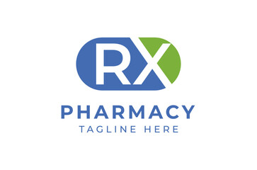 RX Pharmacy capsule medicine Professional Blue and Green Capsule Logo Design for Pharmacy and Health Services